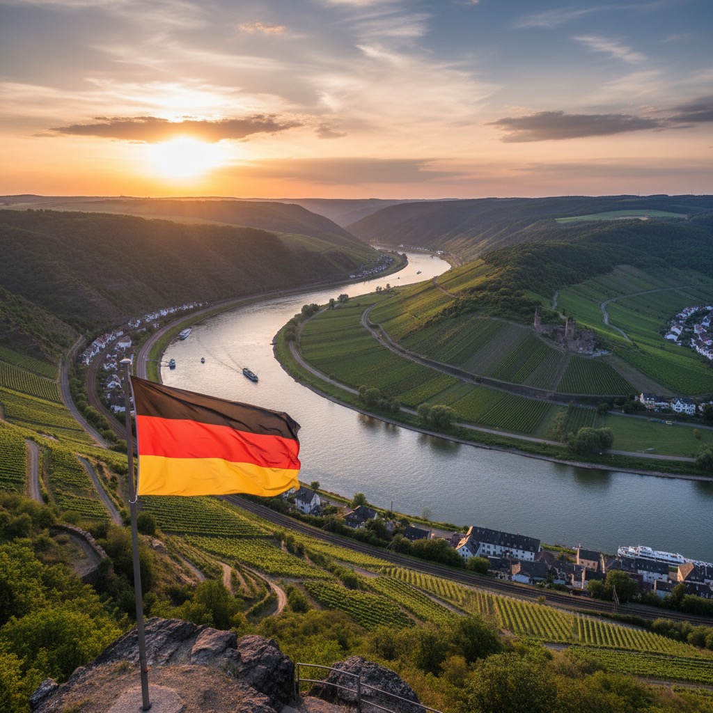 Eine deutsche Flagge weht im Vordergrund auf einem Weinberg bei Sonnenuntergang, während im Hintergrund ein Fluss in einer weiten Schleife durch ein grünes Tal fliesst.