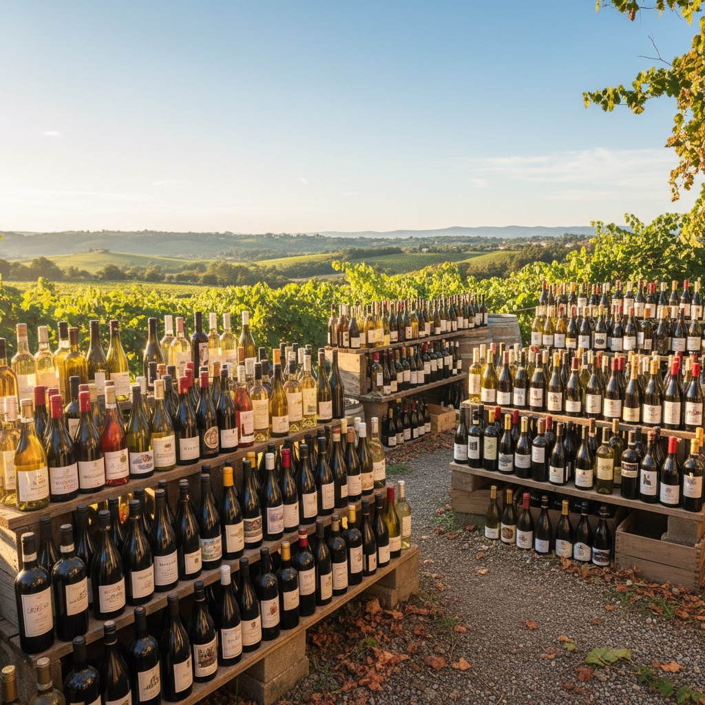 Zahlreiche Weinflaschen stehen auf Holzregalen in einem Weinberg vor einer weiten Hügellandschaft.