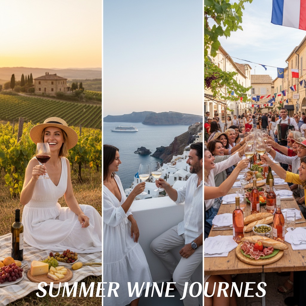 Eine Collage aus drei Bildern zeigt eine Frau beim Picknick in den Weinbergen, ein Paar mit Weißwein vor einer Küstenlandschaft und eine lange Festtafel im Freien.