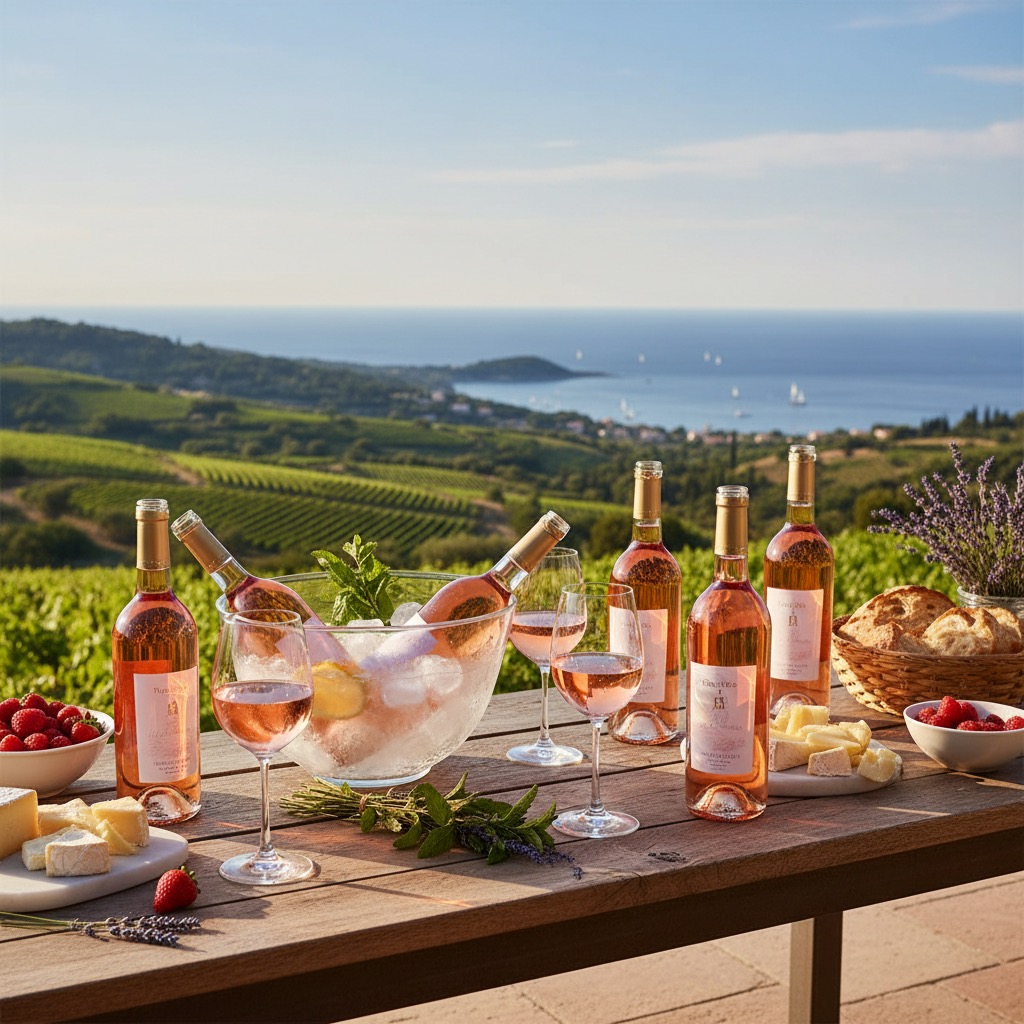 Auf einem Holztisch stehen Flaschen und Gläser mit Roséwein, Eiswürfel in einer Schüssel sowie Teller mit Beeren und Käse vor einer weiten Landschaft mit Blick aufs Meer.