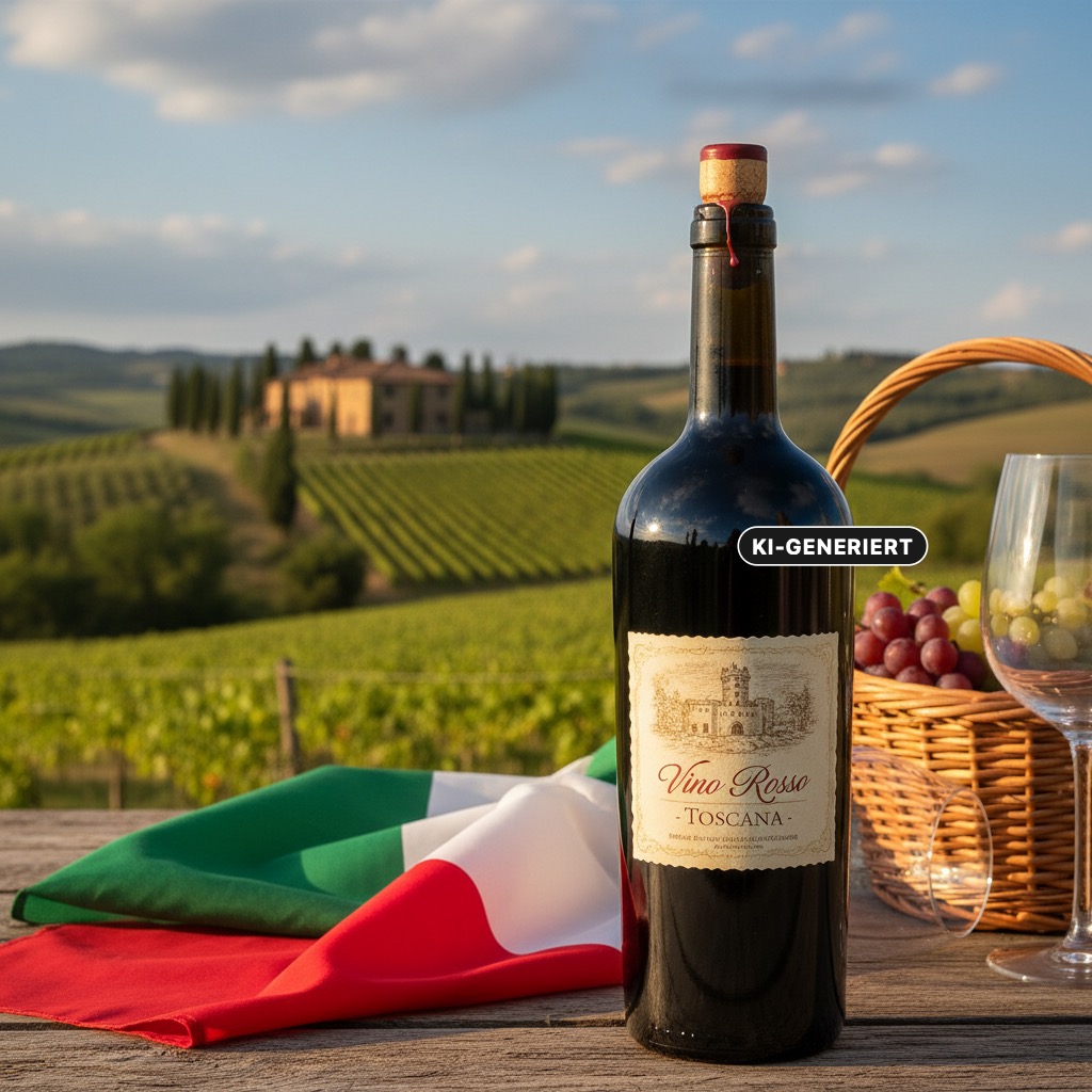Eine Weinflasche mit der Aufschrift „Vino Rosso Toscana“ steht auf einem Holztisch vor einer toskanischen Hügellandschaft mit Weinbergen. (KI-generiert)